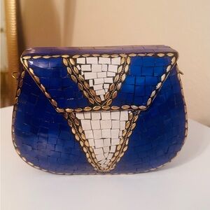 Handmade Blue and Gold Embellished Mosaic Geometric Design Clutch, NWOT